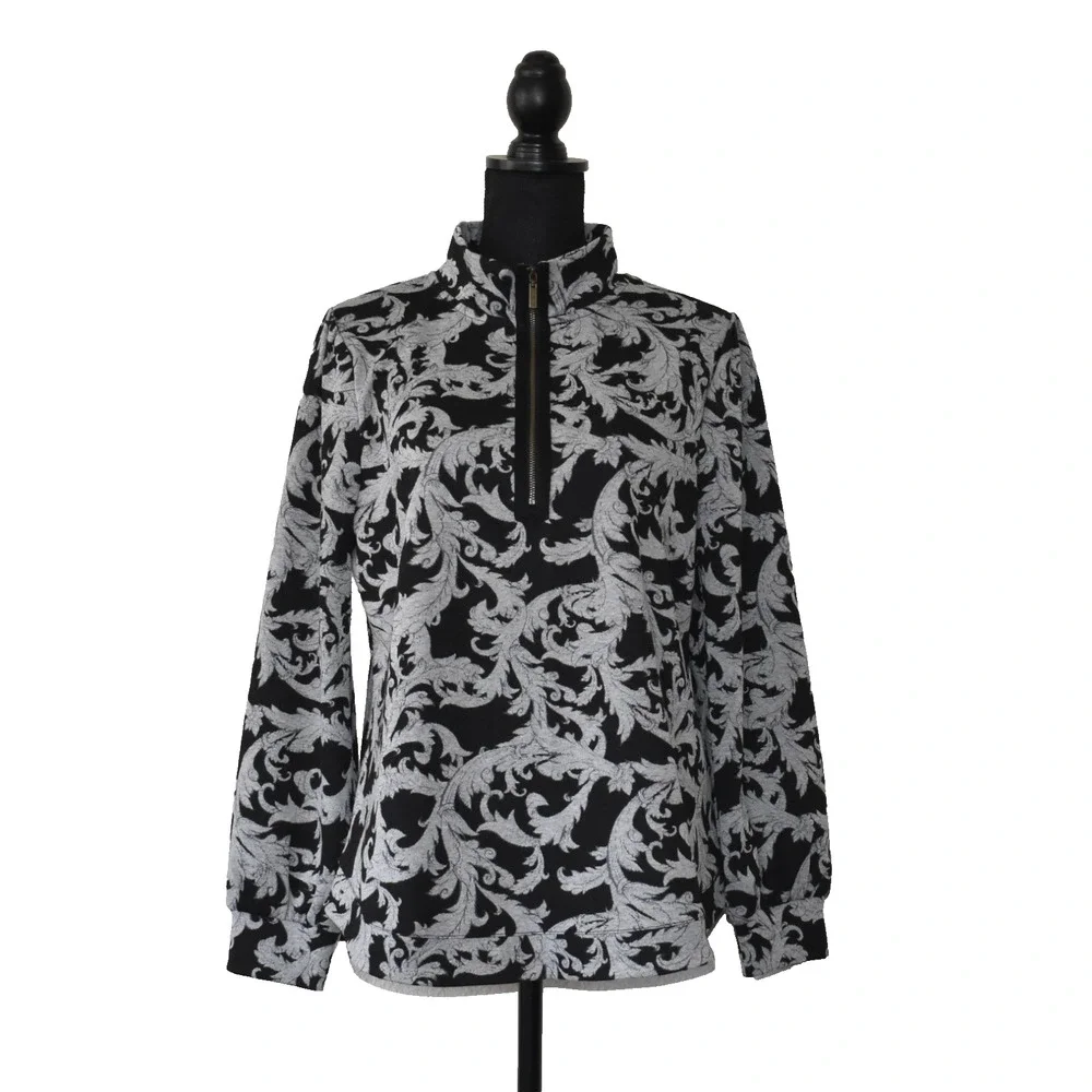 A3 NWOT SOFT SURROUNDINGS Winona Black & Gray Leaf Half Zip Pullover Top Size L
